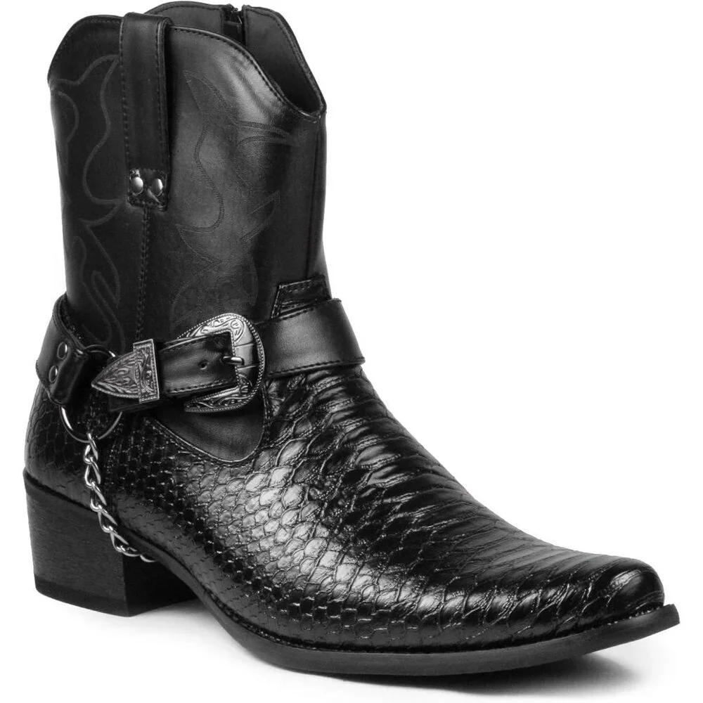 Men's Black Belt Buckle Chain Strap Western Cowboy Boot